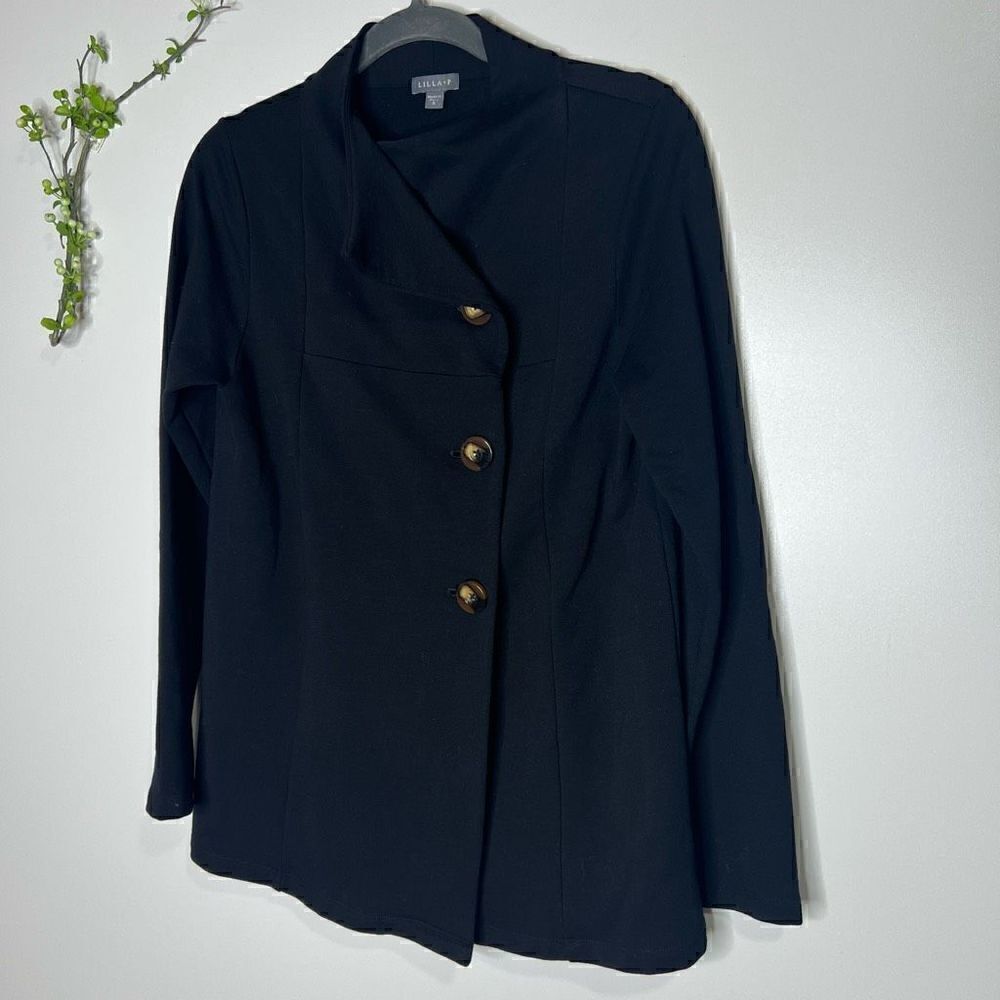 Lilla P Black Stretch Blazer Cardigan Off-Center Buttons Tunic Jacket